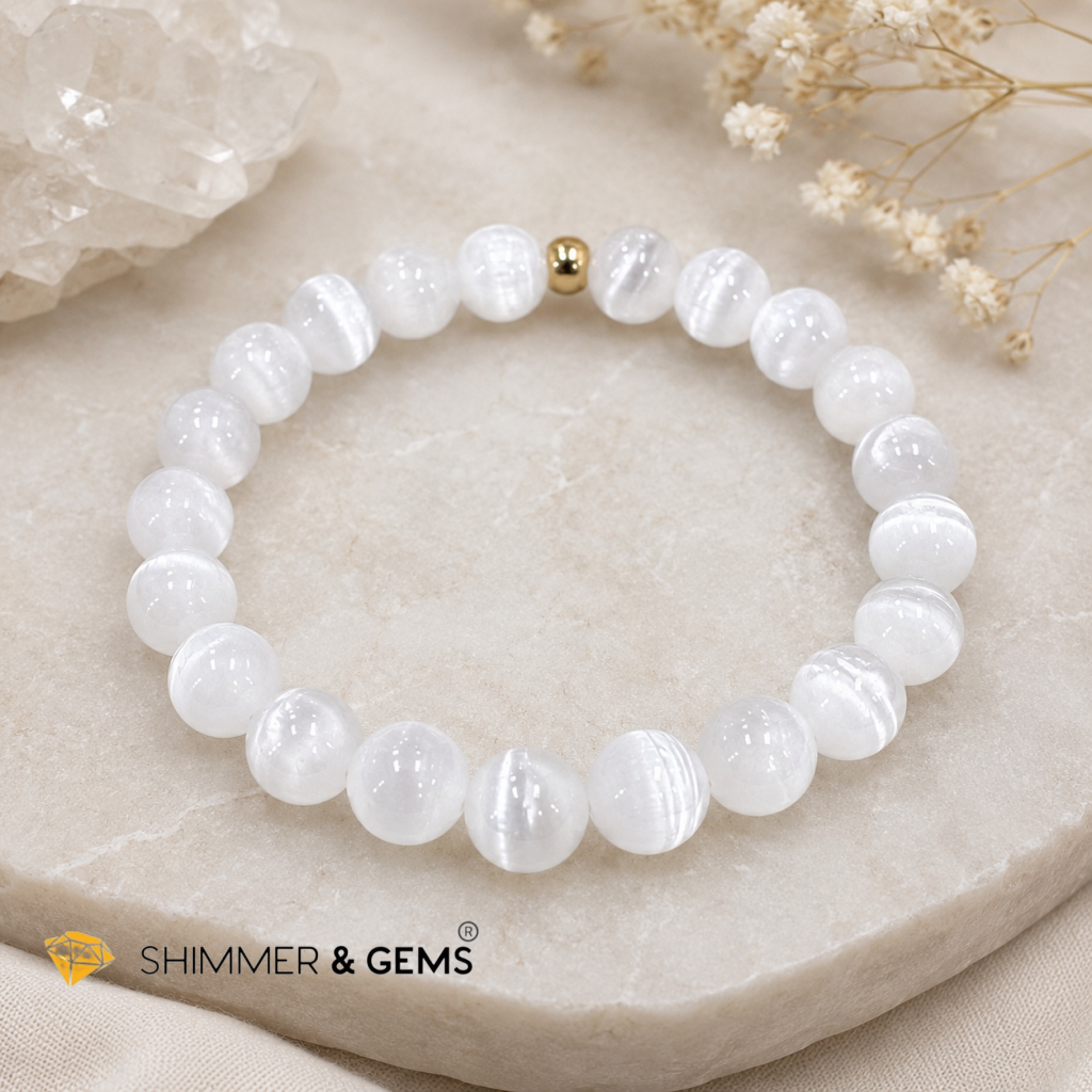 Selenite 8mm Bracelet with 14k gold filled (Aura Renewal)