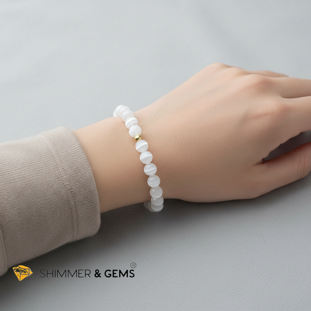 Selenite 8mm Bracelet with 14k gold filled (Aura Renewal)