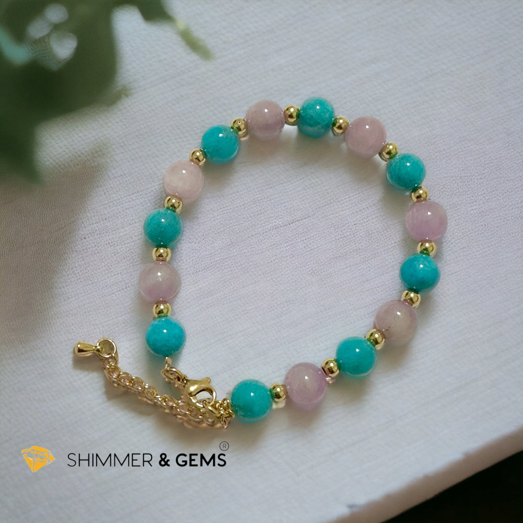 Self Love Bracelet (Amazonite & Kunzite 8mm with stainless steel chain and beads)
