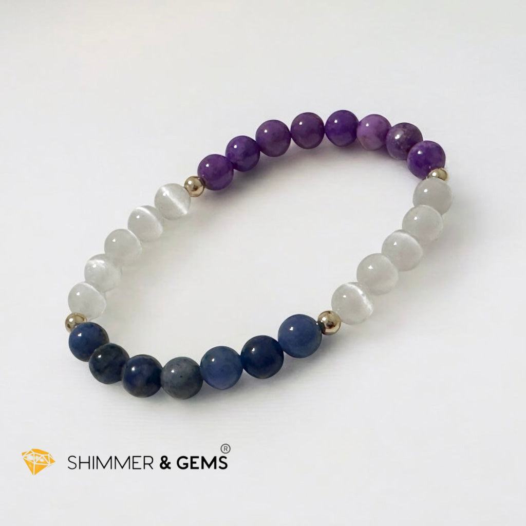 Serenity Flow Alchemy Bracelet (Stress Release) Blue Sodalite, Purple Mica, Selenite (6mm) with 14K Gold-Filled Beads