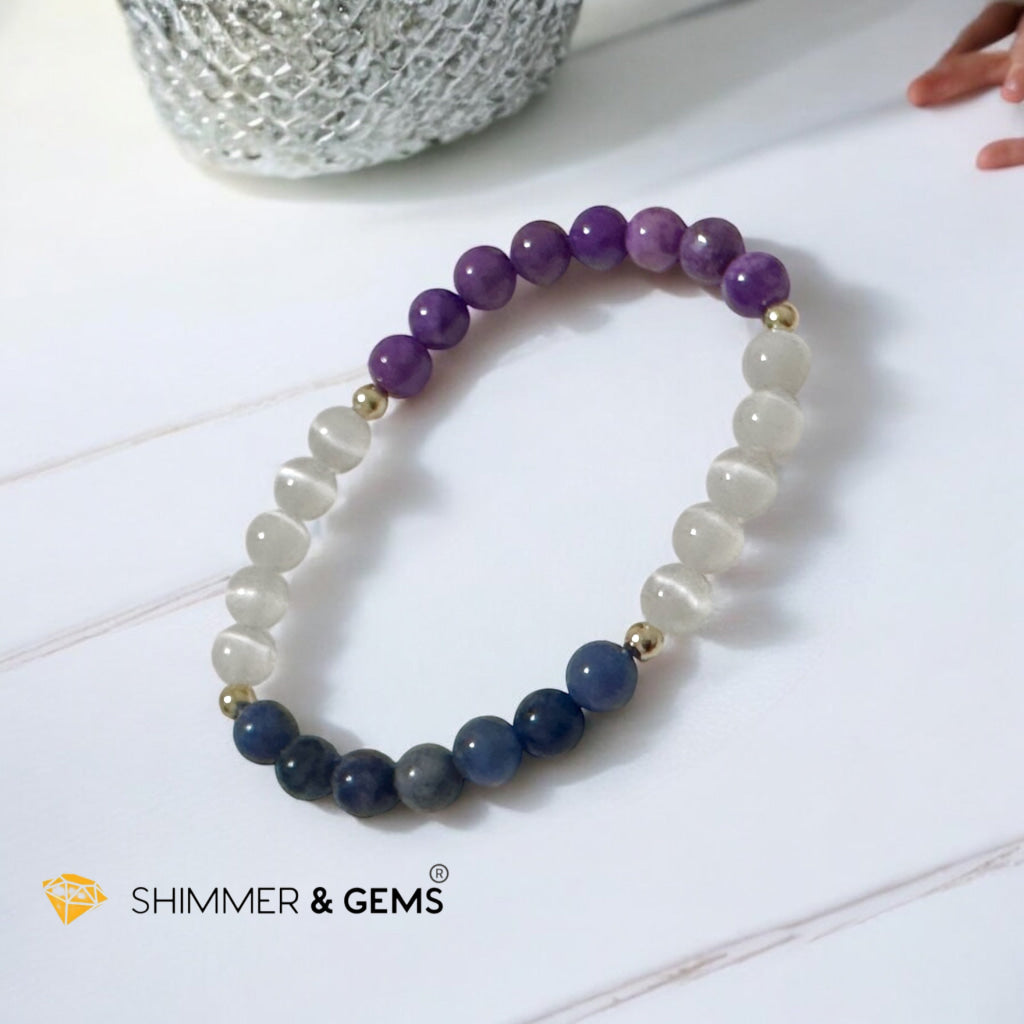 Serenity Flow Alchemy Bracelet (Stress Release) Blue Sodalite, Purple Mica, Selenite (6mm) with 14K Gold-Filled Beads