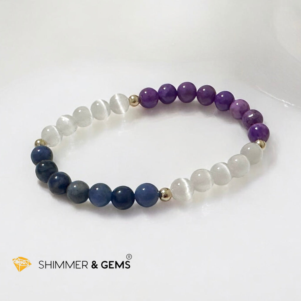 Serenity Flow Alchemy Bracelet (Stress Release) Blue Sodalite, Purple Mica, Selenite (6mm) with 14K Gold-Filled Beads