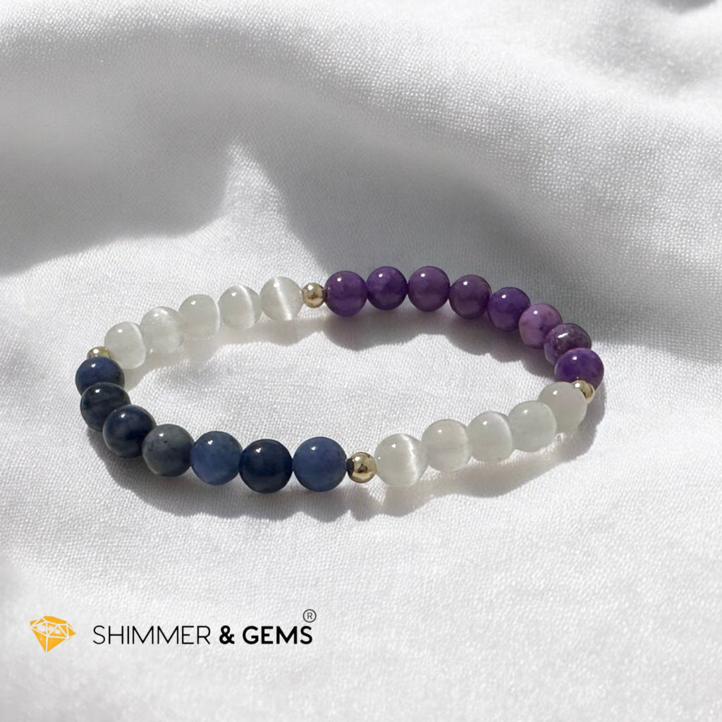 Serenity Flow Alchemy Bracelet (Stress Release) Blue Sodalite, Purple Mica, Selenite (6mm) with 14K Gold-Filled Beads
