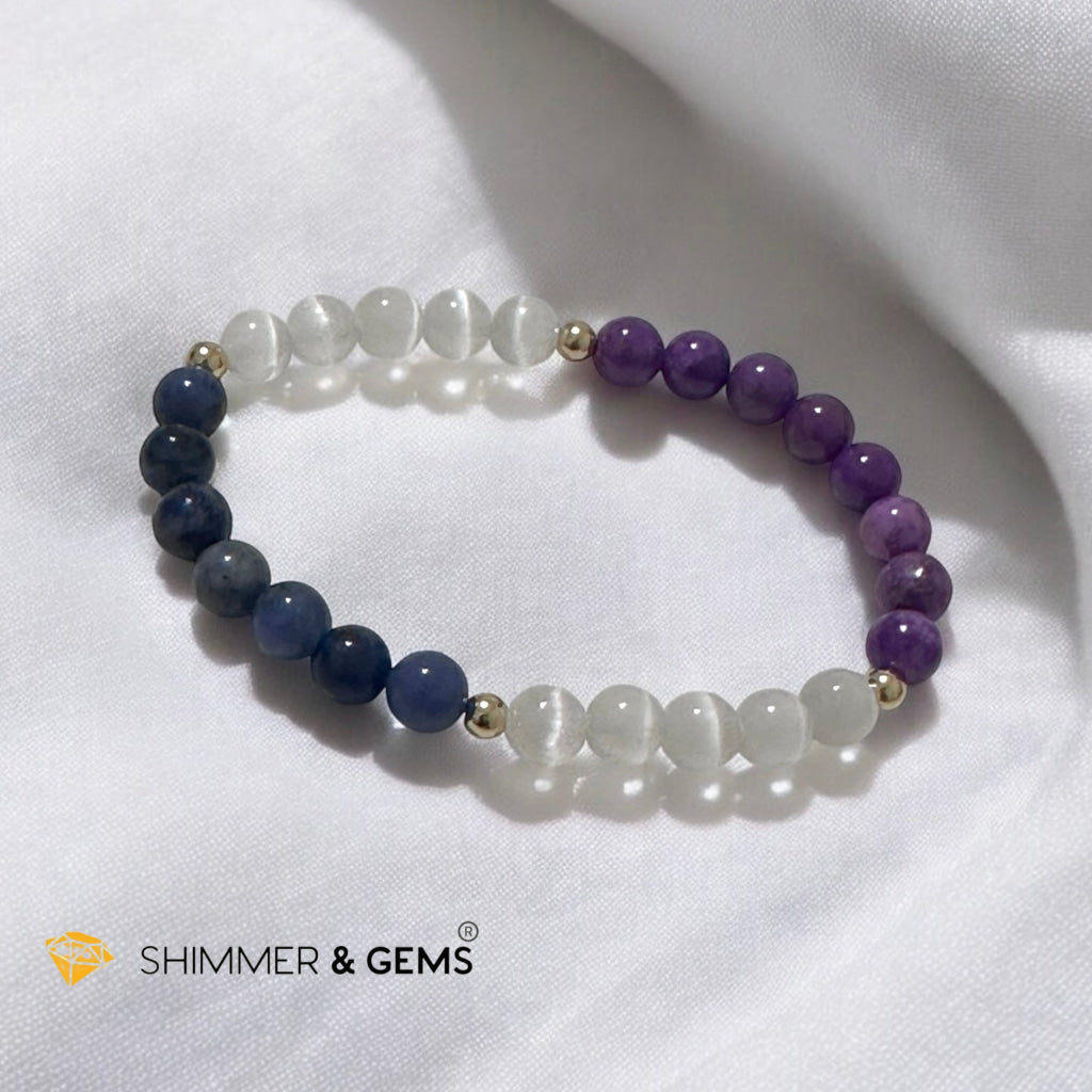 Serenity Flow Alchemy Bracelet (Stress Release) Blue Sodalite, Purple Mica, Selenite (6mm) with 14K Gold-Filled Beads