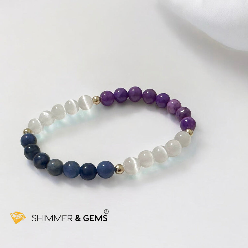 Serenity Flow Alchemy Bracelet (Stress Release) Blue Sodalite, Purple Mica, Selenite (6mm) with 14K Gold-Filled Beads