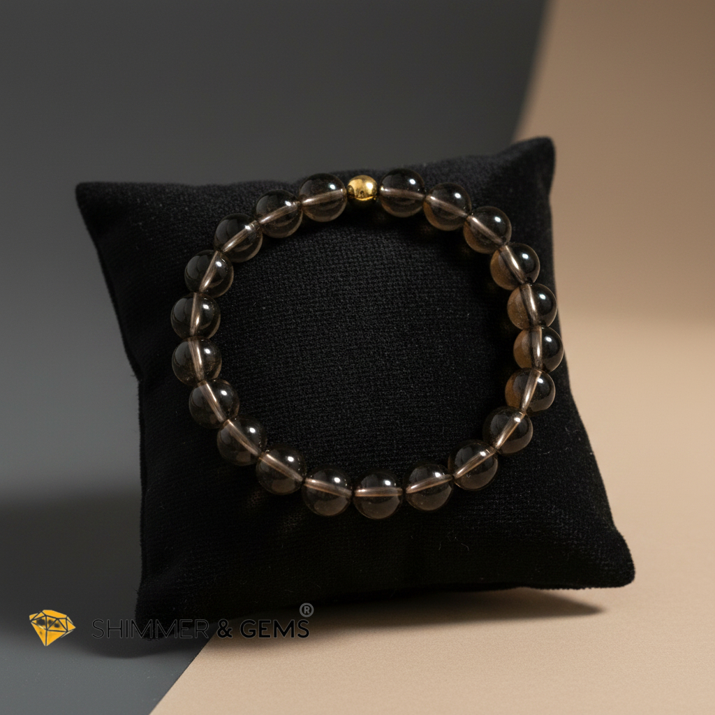 Smoky Quartz 8mm Bracelet with 14k gold filled bead (Grounding & Aura Shield)