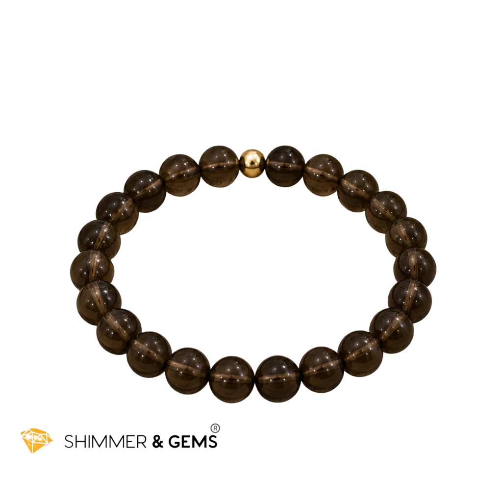 Smoky Quartz 8mm Bracelet with 14k gold filled bead (Grounding & Aura Shield)