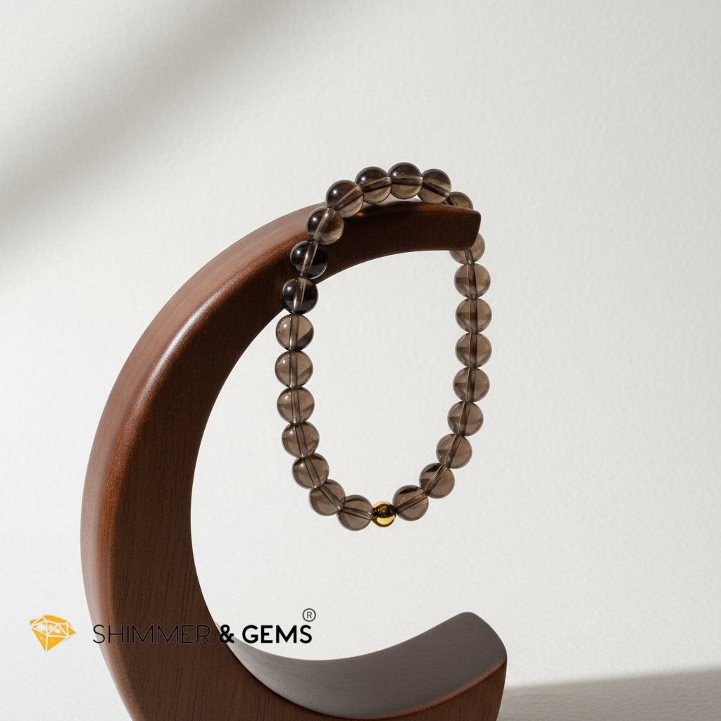 Smoky Quartz 8mm Bracelet with 14k gold filled bead (Grounding & Aura Shield)