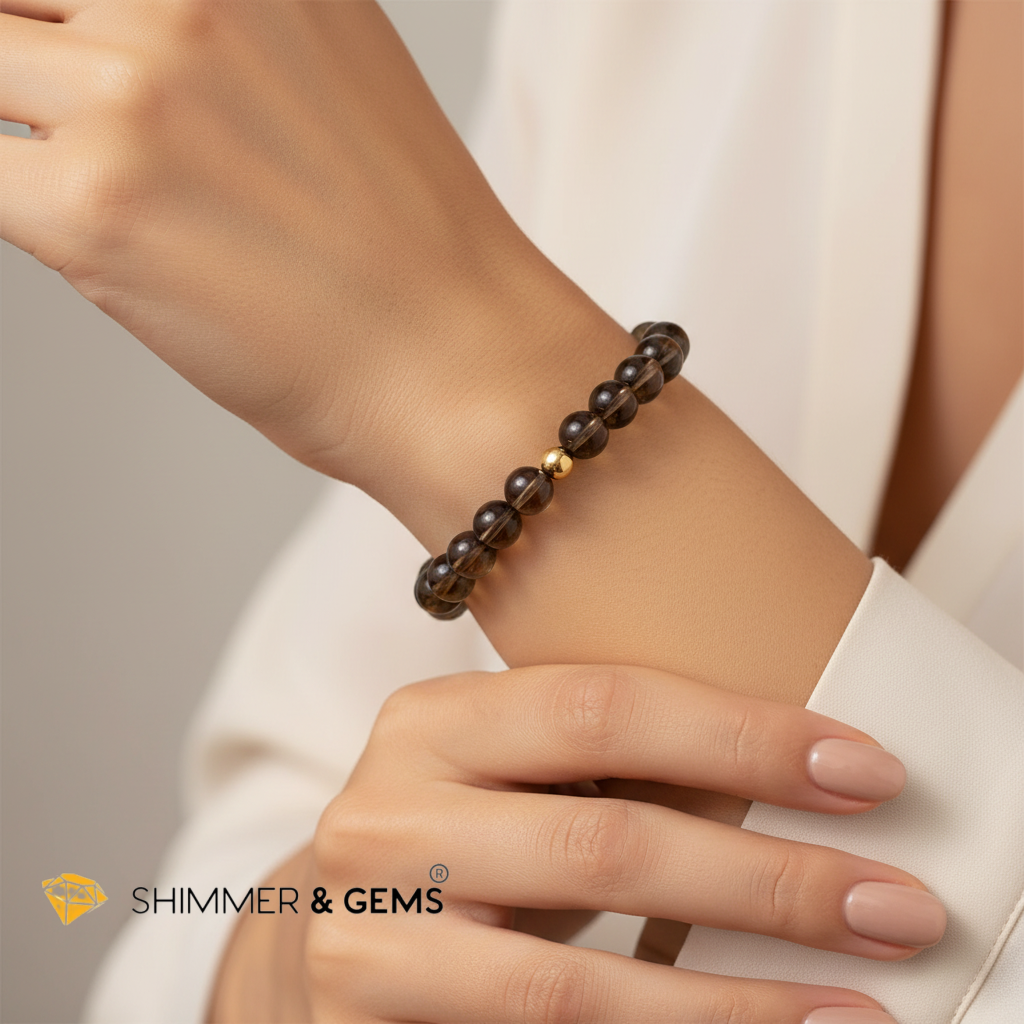 Smoky Quartz 8mm Bracelet with 14k gold filled bead (Grounding & Aura Shield)