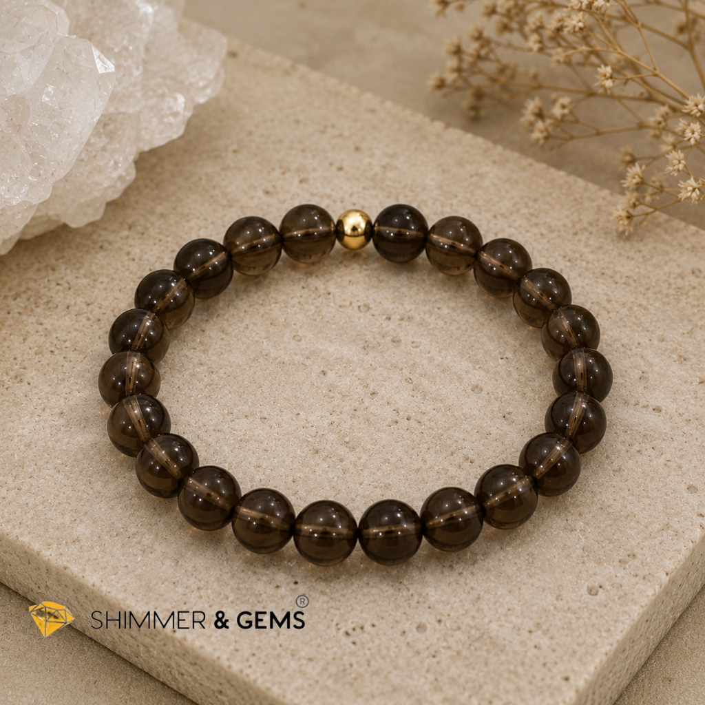 Smoky Quartz 8mm Bracelet with 14k gold filled bead (Grounding & Aura Shield)