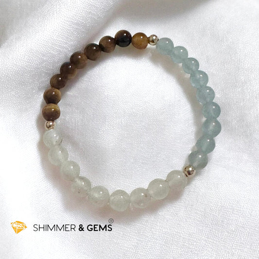 Smooth Journey Alchemy Bracelet (Protection, Flow & Ease in Travel) 6mm Aquamarine, Tiger’s Eye & Moonstone with 14K Gold-Filled Beads