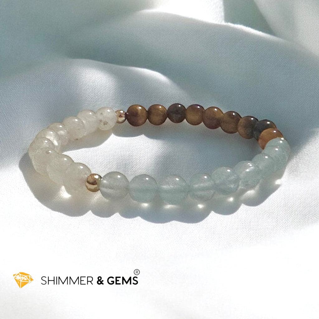 Smooth Journey Alchemy Bracelet (Protection, Flow & Ease in Travel) 6mm Aquamarine, Tiger’s Eye & Moonstone with 14K Gold-Filled Beads