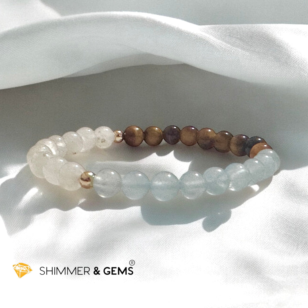 Smooth Journey Alchemy Bracelet (Protection, Flow & Ease in Travel) 6mm Aquamarine, Tiger’s Eye & Moonstone with 14K Gold-Filled Beads