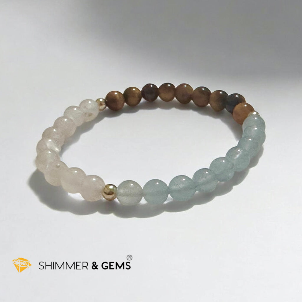 Smooth Journey Alchemy Bracelet (Protection, Flow & Ease in Travel) 6mm Aquamarine, Tiger’s Eye & Moonstone with 14K Gold-Filled Beads