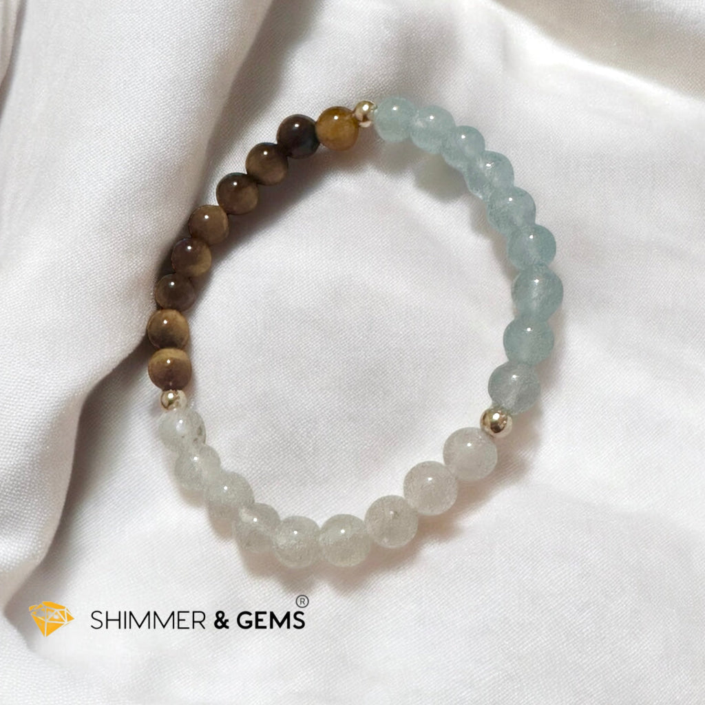 Smooth Journey Alchemy Bracelet (Protection, Flow & Ease in Travel) 6mm Aquamarine, Tiger’s Eye & Moonstone with 14K Gold-Filled Beads