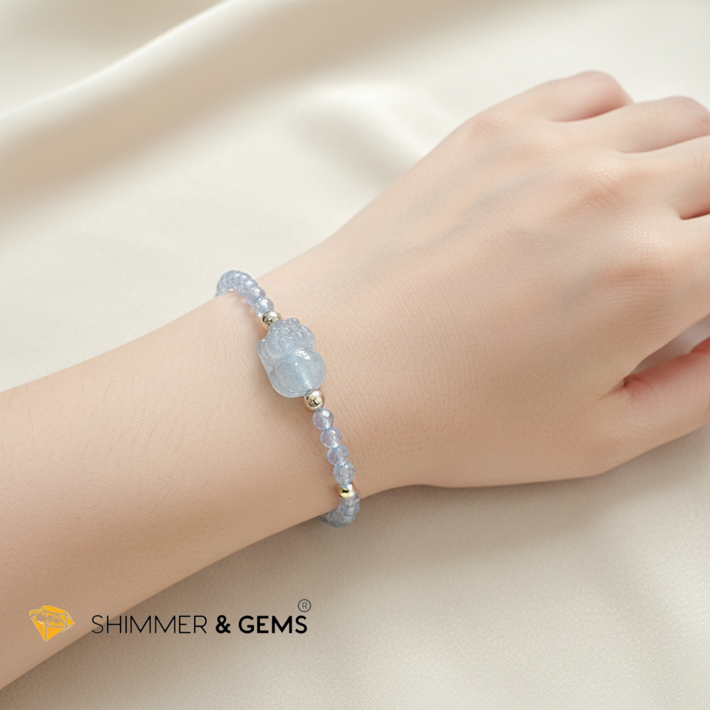 Smooth Path Remedy Bracelet (3mm Faceted Blue Topaz & Aquamarine Pixiu with 14k gold filled beads)
