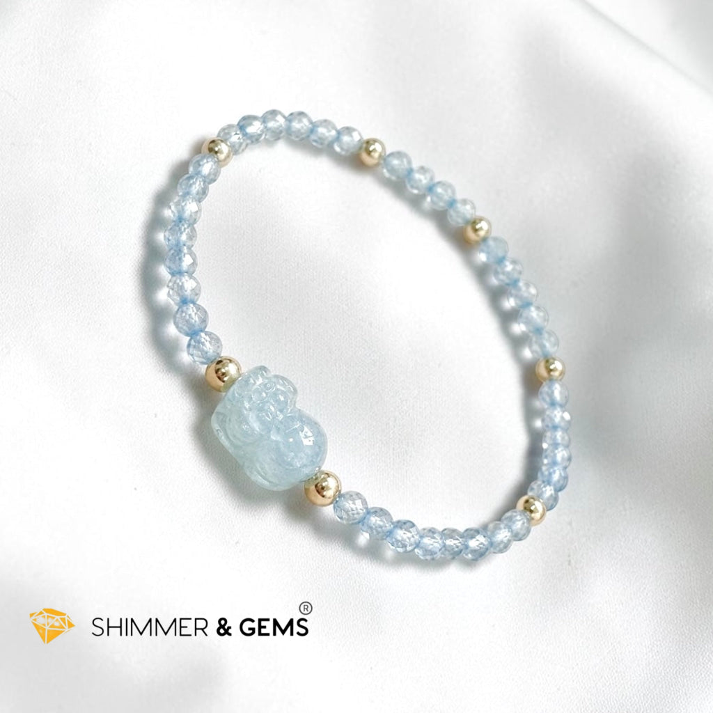 Smooth Path Remedy Bracelet (3mm Faceted Blue Topaz & Aquamarine Pixiu with 14k gold filled beads)