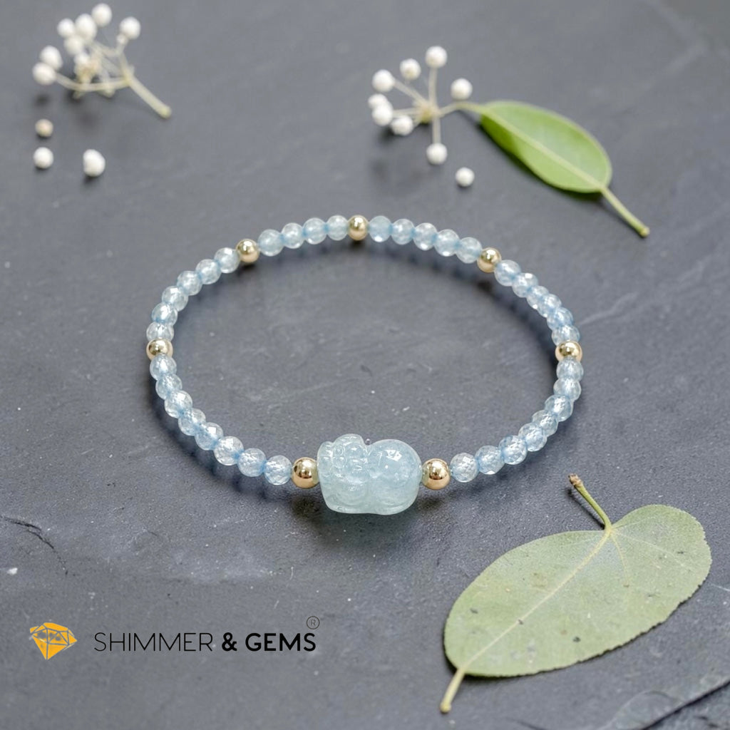 Smooth Path Remedy Bracelet (3mm Faceted Blue Topaz & Aquamarine Pixiu with 14k gold filled beads)