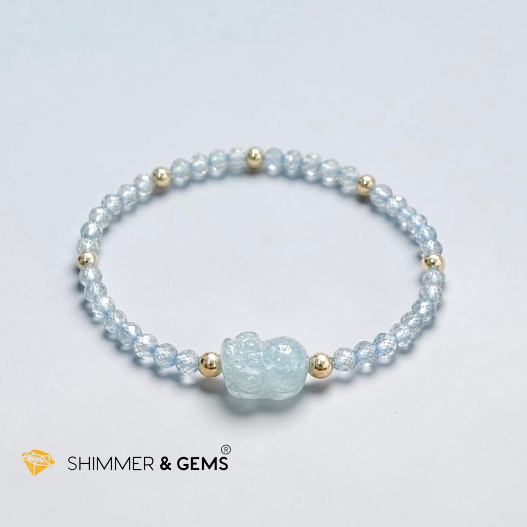 Smooth Path Remedy Bracelet (3mm Faceted Blue Topaz & Aquamarine Pixiu with 14k gold filled beads)