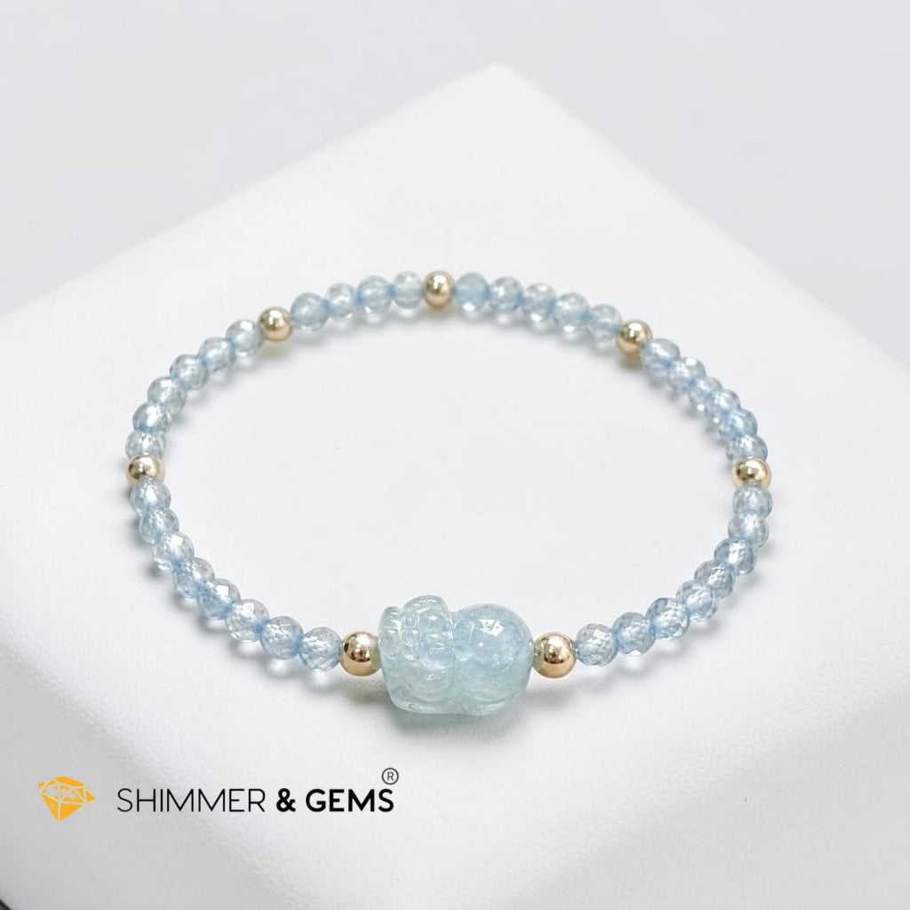 Smooth Path Remedy Bracelet (3mm Faceted Blue Topaz & Aquamarine Pixiu with 14k gold filled beads)