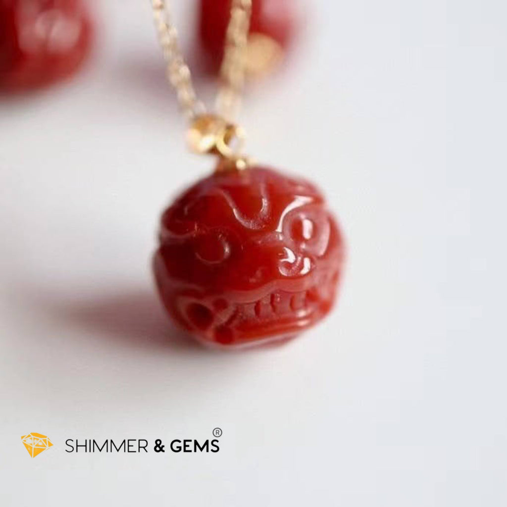 South Red Agate Pixiu 18K Gold Pendant (10Mm) + 925 Silver Chain Charms & Pendants