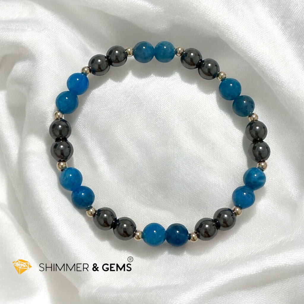 Stamina Booster Alchemy Bracelet (6mm Blue Apatite, Hematite & 14k gold filled beads)- Energy Endurance