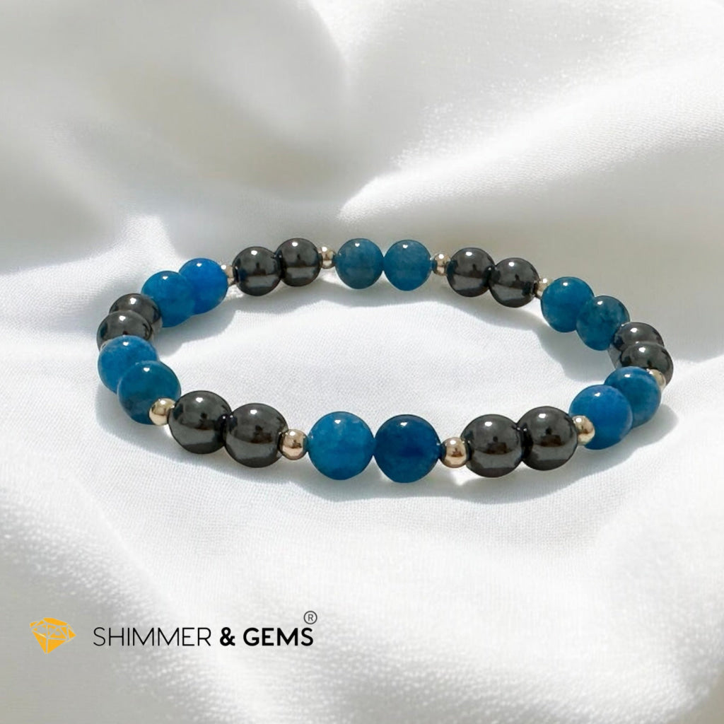 Stamina Booster Alchemy Bracelet (6mm Blue Apatite, Hematite & 14k gold filled beads)- Energy Endurance