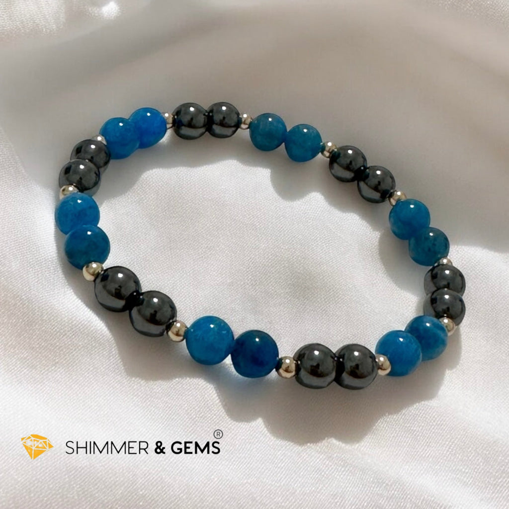 Stamina Booster Alchemy Bracelet (6mm Blue Apatite, Hematite & 14k gold filled beads)- Energy Endurance