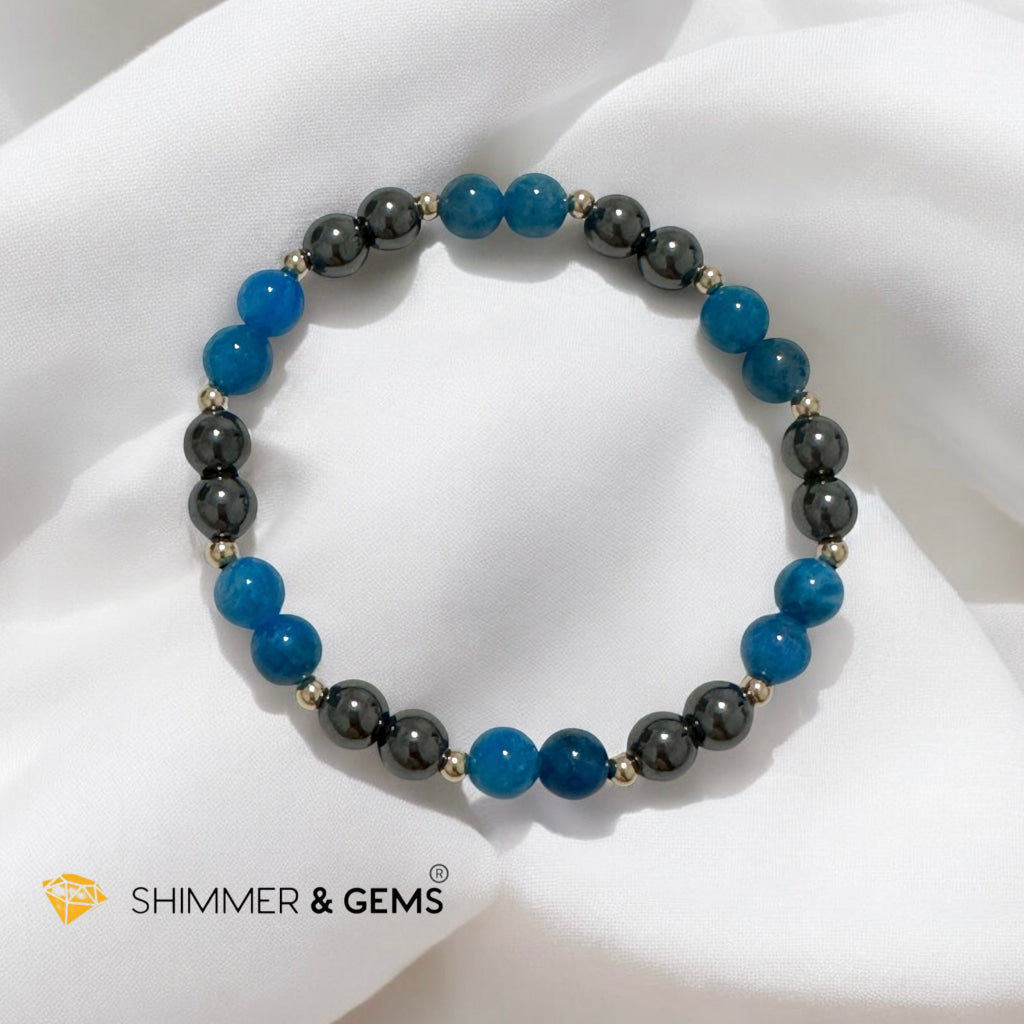 Stamina Booster Alchemy Bracelet (6mm Blue Apatite, Hematite & 14k gold filled beads)- Energy Endurance