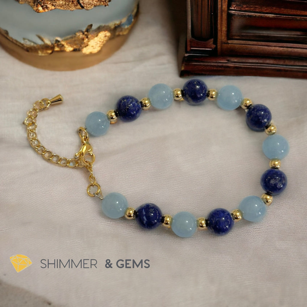 Stress Release 8mm Bracelet (Aquamarine & Lapis Lazuli) with stainless steel beads & chain