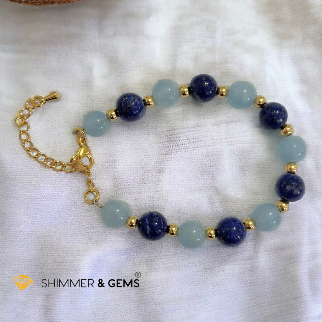 Stress Release 8mm Bracelet (Aquamarine & Lapis Lazuli) with stainless steel beads & chain