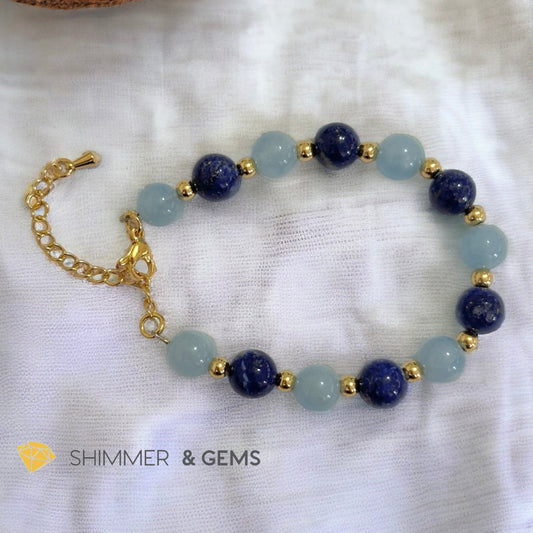 Stress Release 8mm Bracelet (Aquamarine & Lapis Lazuli) with stainless steel beads & chain