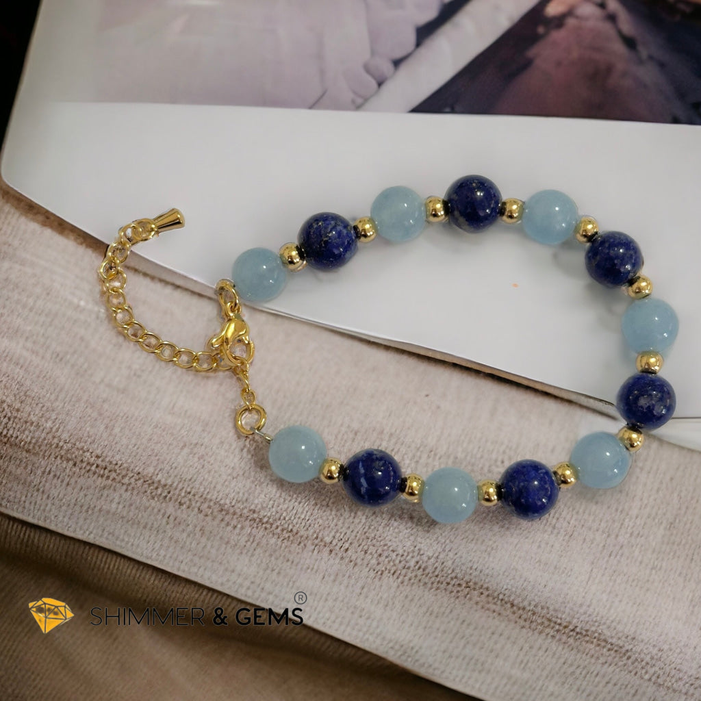 Stress Release 8mm Bracelet (Aquamarine & Lapis Lazuli) with stainless steel beads & chain