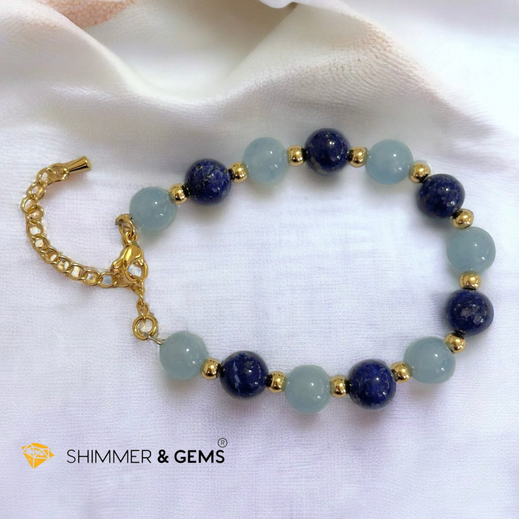 Stress Release 8mm Bracelet (Aquamarine & Lapis Lazuli) with stainless steel beads & chain