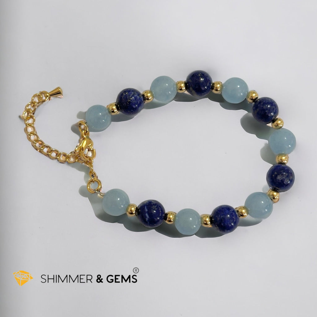 Stress Release 8mm Bracelet (Aquamarine & Lapis Lazuli) with stainless steel beads & chain