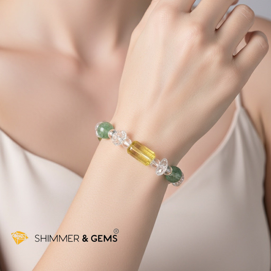 Study & Focus Bracelet (Green & Yellow Fluorite, Clear Quartz)