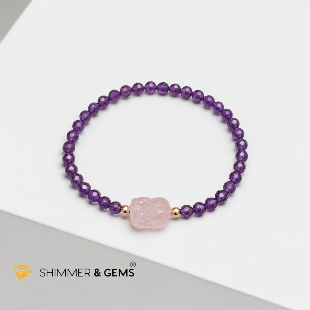 Success, Love & Luck Bracelet (4mm Faceted Amethyst with Rose Quartz Pixiu)