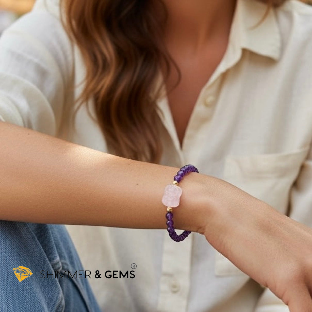 Success, Love & Luck Bracelet (4mm Faceted Amethyst with Rose Quartz Pixiu)