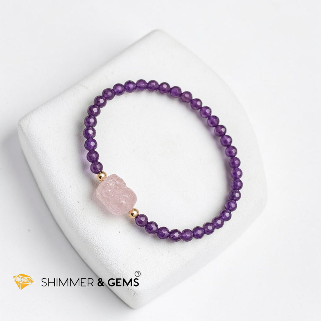 Success, Love & Luck Bracelet (4mm Faceted Amethyst with Rose Quartz Pixiu)