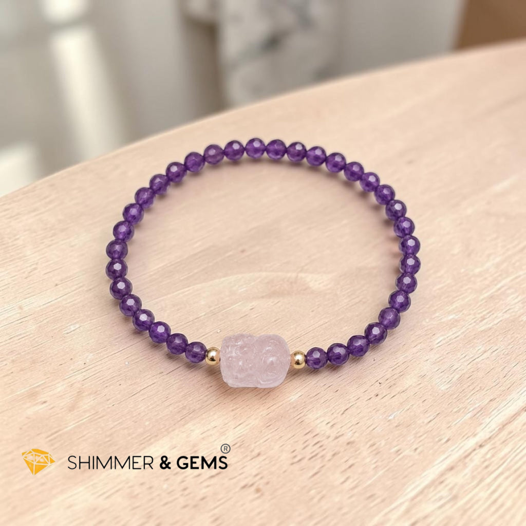 Success, Love & Luck Bracelet (4mm Faceted Amethyst with Rose Quartz Pixiu)