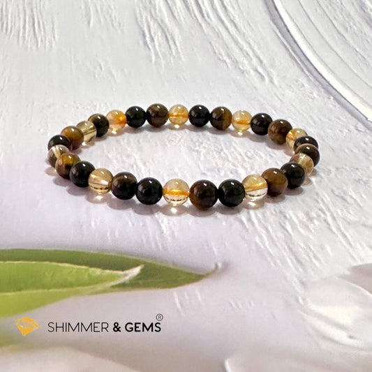 Success & Protection 6Mm Bracelet (For Men Women) Citrine Tiger Eye Black Tourmaline 5.5