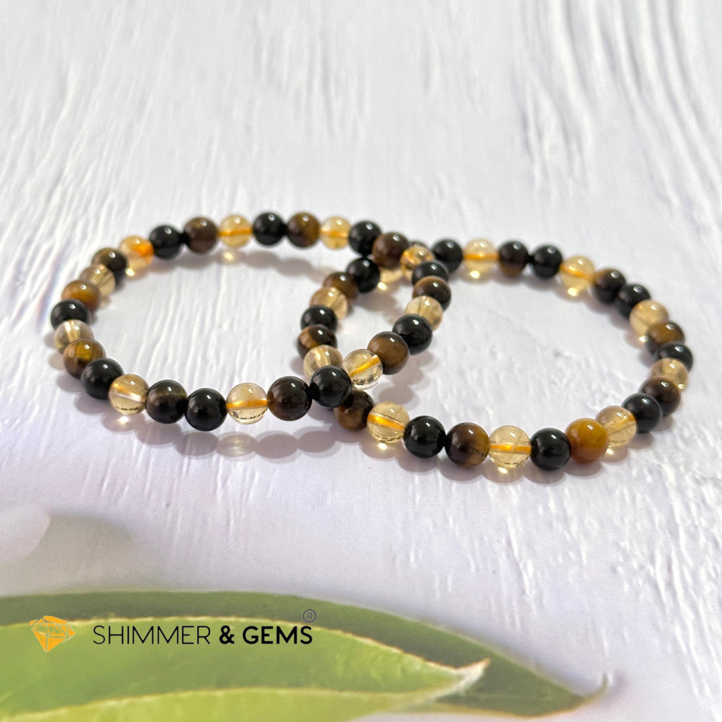 Success & Protection 6Mm Bracelet (For Men Women) Citrine Tiger Eye Black Tourmaline