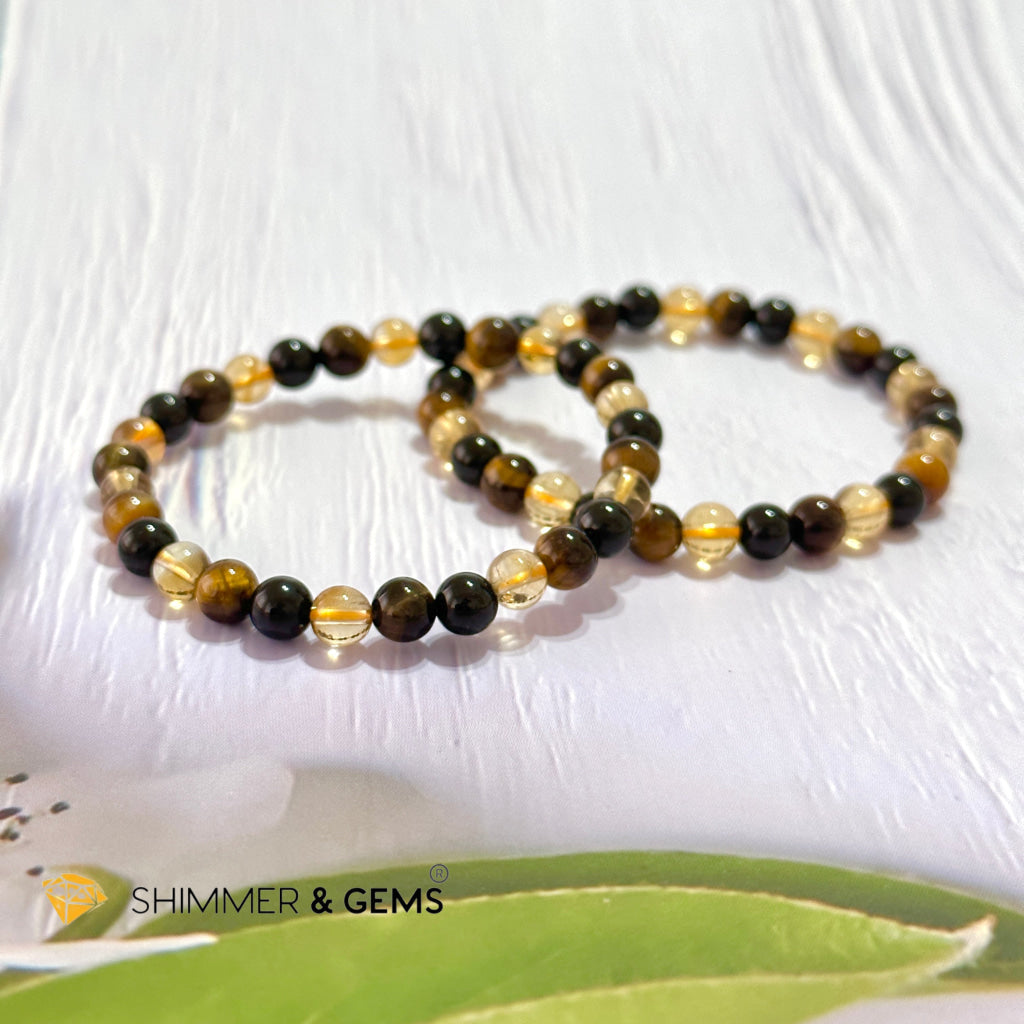 Success & Protection 6Mm Bracelet (For Men Women) Citrine Tiger Eye Black Tourmaline