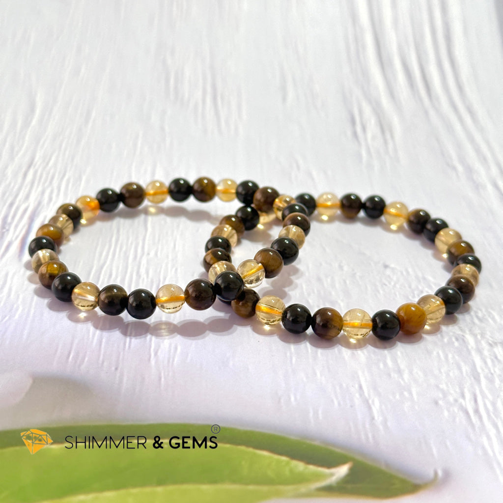 Success & Protection 6Mm Bracelet (For Men Women) Citrine Tiger Eye Black Tourmaline