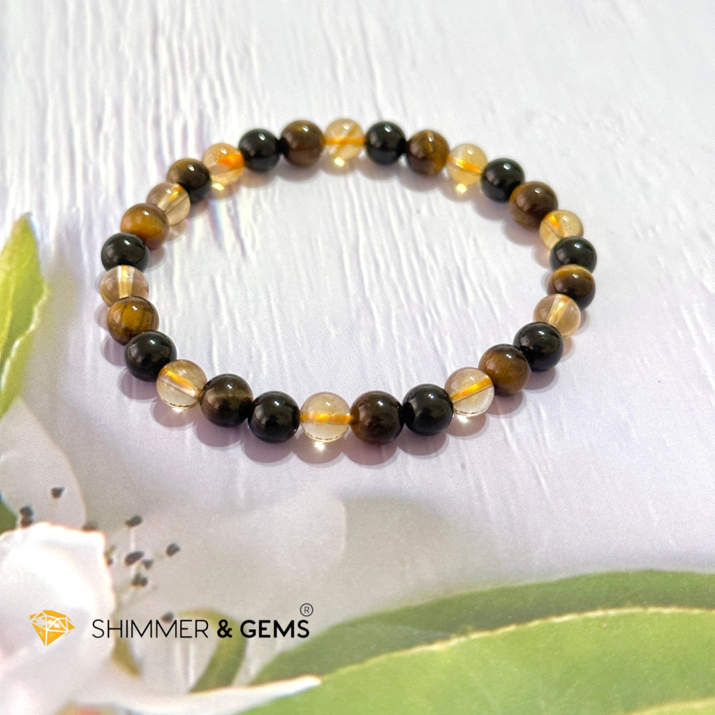 Success & Protection 6Mm Bracelet (For Men Women) Citrine Tiger Eye Black Tourmaline