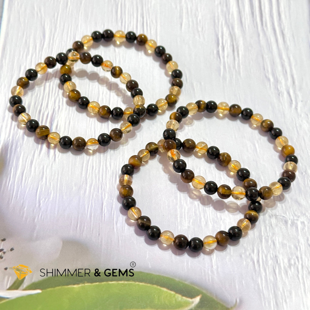 Success & Protection 6Mm Bracelet (For Men Women) Citrine Tiger Eye Black Tourmaline