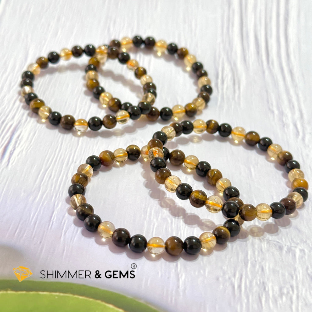 Success & Protection 6Mm Bracelet (For Men Women) Citrine Tiger Eye Black Tourmaline