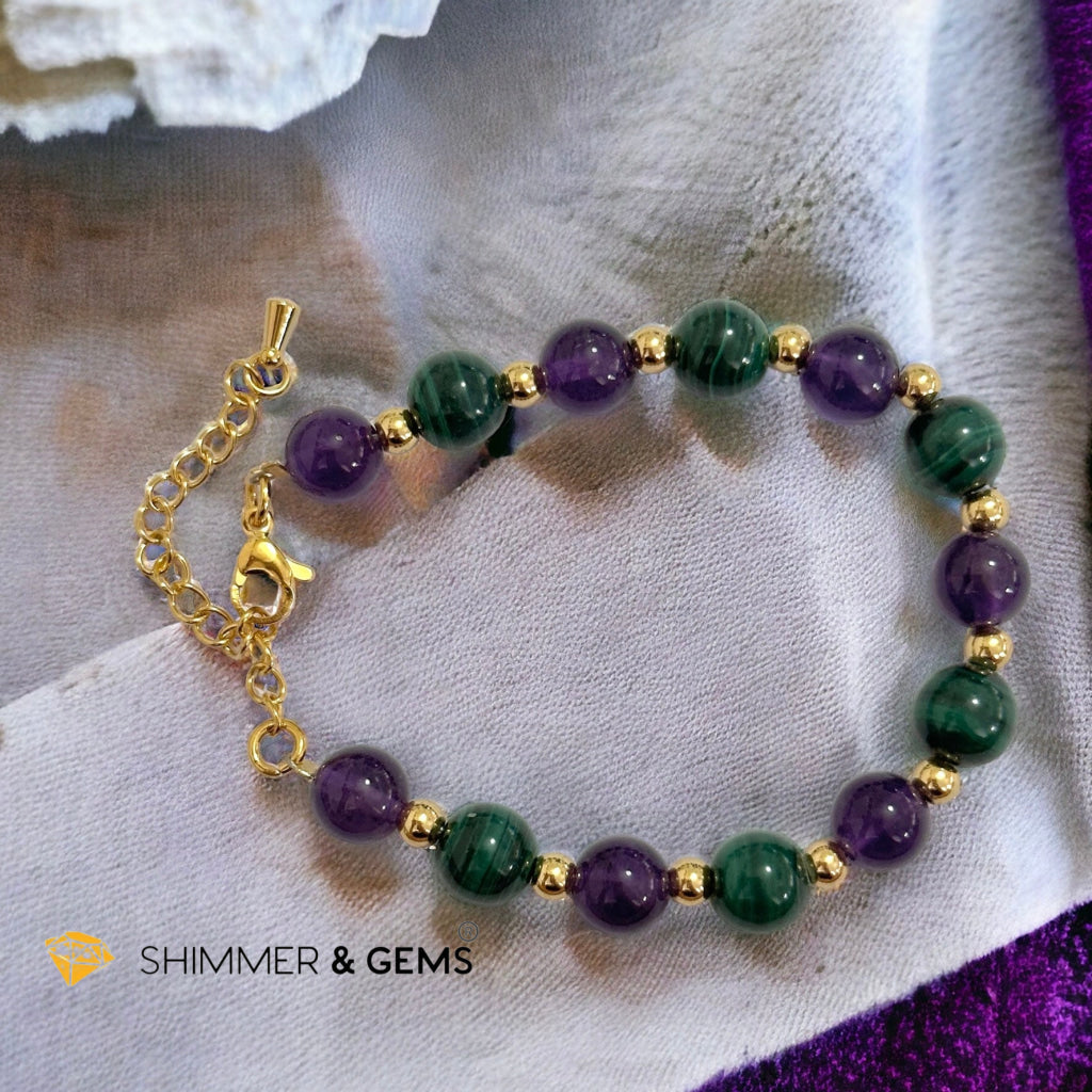 Success Vibes 8mm Bracelet with stainless steel beads and chain (Malachite & Amethyst)