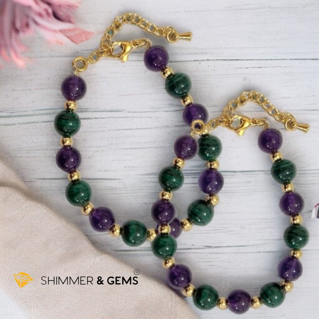 Success Vibes 8mm Bracelet with stainless steel beads and chain (Malachite & Amethyst)