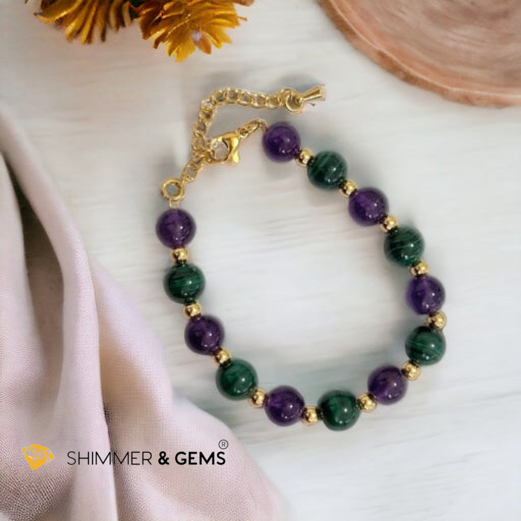 Success Vibes 8mm Bracelet with stainless steel beads and chain (Malachite & Amethyst)